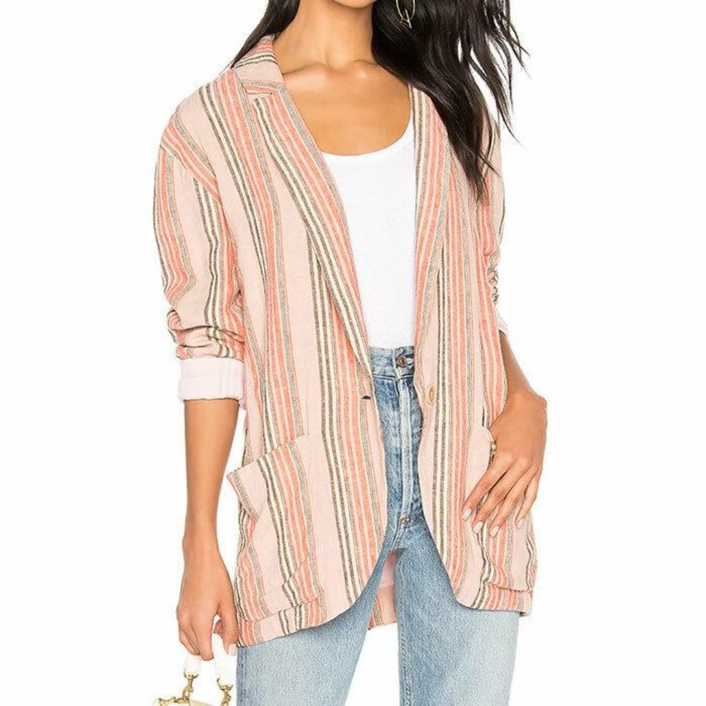 Free People Tan 'Simply Striped' Linen Blazer